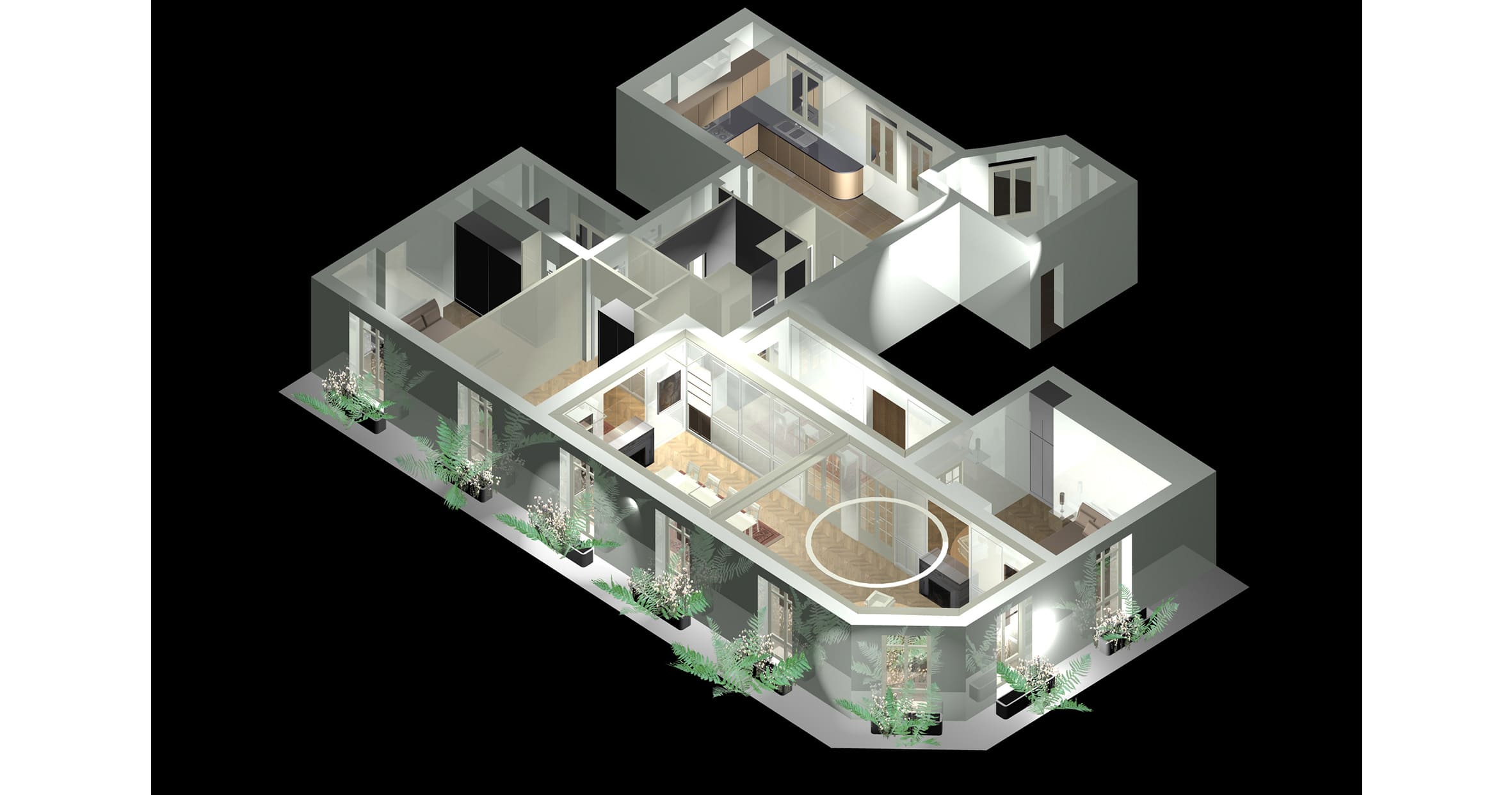 Redistribution des pièces selon les normes de confort actuel d'un appartement classique haussmannien. Eclairage indirect leds à l'intérieur des corniches anciennes du séjour et du salon permettant ainsi la mise en lumière subtile de ces espaces.