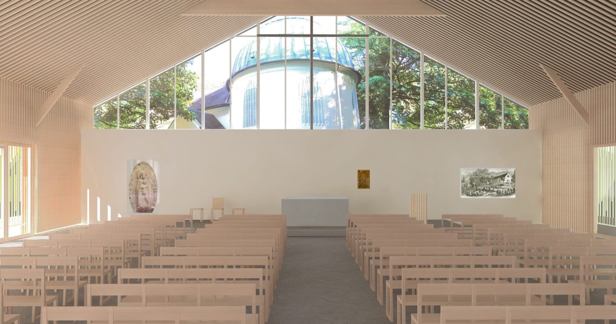 Reconstruction de la chapelle Jean XXIII positionnée sur le parcours de la nouvelle ligne du tramway. Lieu de pèlerinage, située sur un site calme et boisé, elle sera dotée d’une charpente en bois, d’un pignon de façade translucide et d’un sol en béton poncé naturel.
