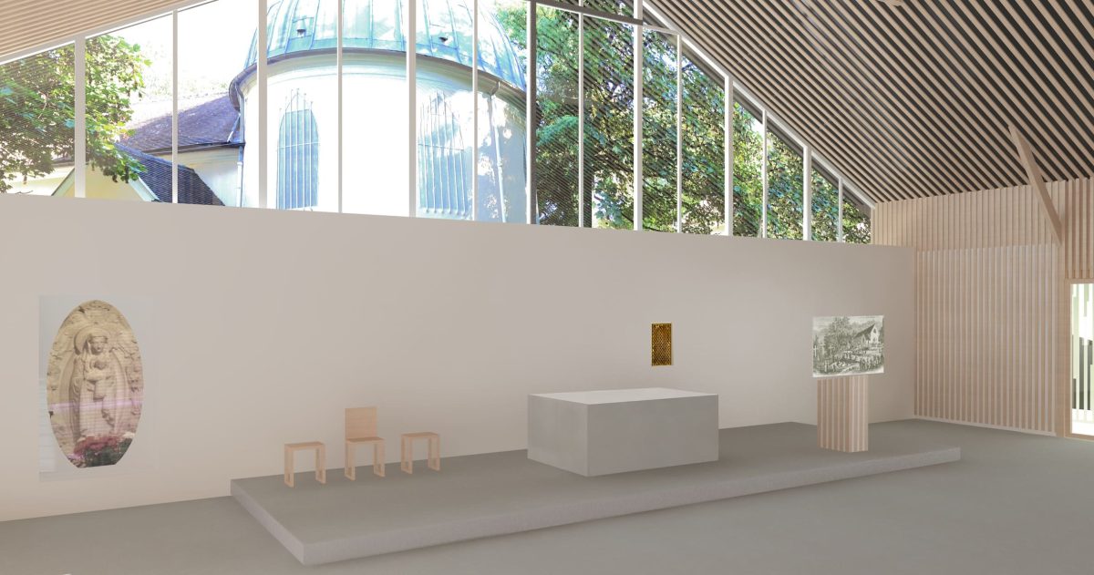 Reconstruction de la chapelle Jean XXIII positionnée sur le parcours de la nouvelle ligne du tramway. Lieu de pèlerinage, située sur un site calme et boisé, elle sera dotée d’une charpente en bois, d’un pignon de façade translucide et d’un sol en béton poncé naturel.