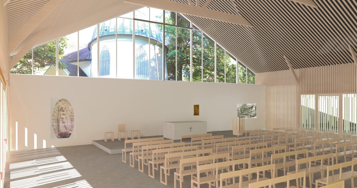 Reconstruction de la chapelle Jean XXIII positionnée sur le parcours de la nouvelle ligne du tramway. Lieu de pèlerinage, située sur un site calme et boisé, elle sera dotée d’une charpente en bois, d’un pignon de façade translucide et d’un sol en béton poncé naturel.