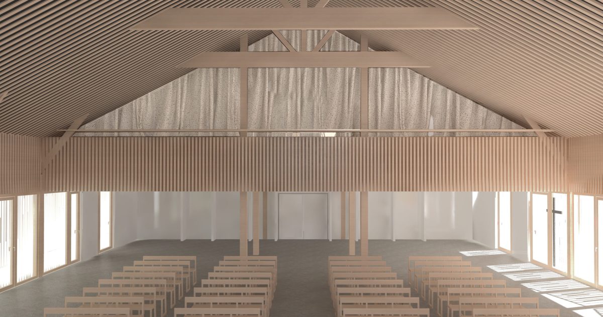 Reconstruction de la chapelle Jean XXIII positionnée sur le parcours de la nouvelle ligne du tramway. Lieu de pèlerinage, située sur un site calme et boisé, elle sera dotée d’une charpente en bois, d’un pignon de façade translucide et d’un sol en béton poncé naturel.