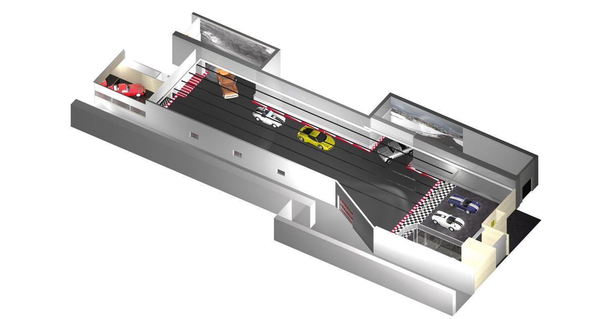 Le plafond noir mat et le balisage fluorescent apportent un effet cinétique à ce lieu de présentation de véhicules haut de gamme. Les impressions numériques haute définition à thèmes variés "forest", "mountain" et "summer bridge" évoquent l'évasion. Les marquages au sol damier et bandes alternées accentuent l’image sportive de ce lieu automobile.
