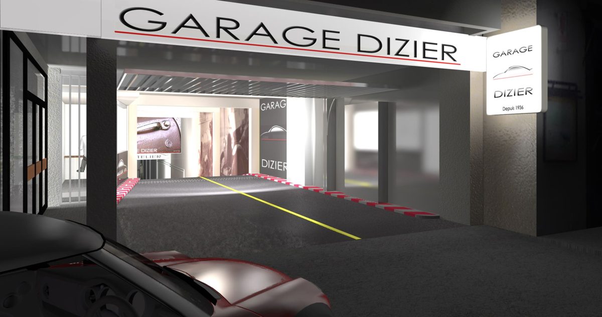 Aménagement d'un accès de garage. Le garage Robert Dizier est reconnu depuis trois générations par les plus grands amateurs de voitures d'exception (Porsche, Lotus, Jaguar, Bentley, ...). Pour référer à la pérennité de cette institution, des impressions numériques HD positionnées sur les murs de la rampe d'accès représentent le fondateur posant devant une Lorraine Dietrich en 1925 et devant une Amilcar en 1938.