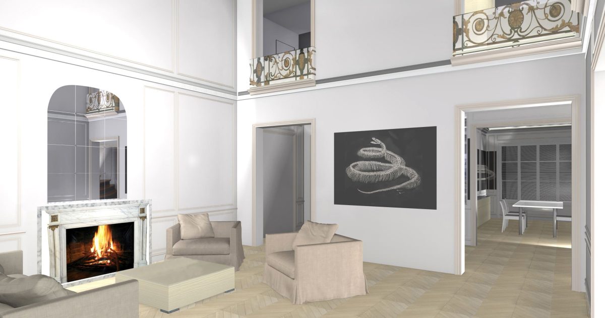Rénovation complète d'un appartement situé au dernier étage d'un immeuble haussmannien de grand standing. Un soin particulier a été apporté aux ambiances lumineuses, à l’éclairage des corniches et moulures d’origine, au choix des matériaux pour les pièces humides (marbre grec au blanc cristallin).